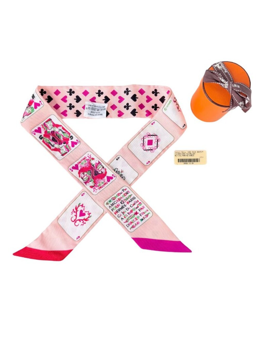 Hermès $320 Jeux de Cartes Pink Silk Twilly Scarf
